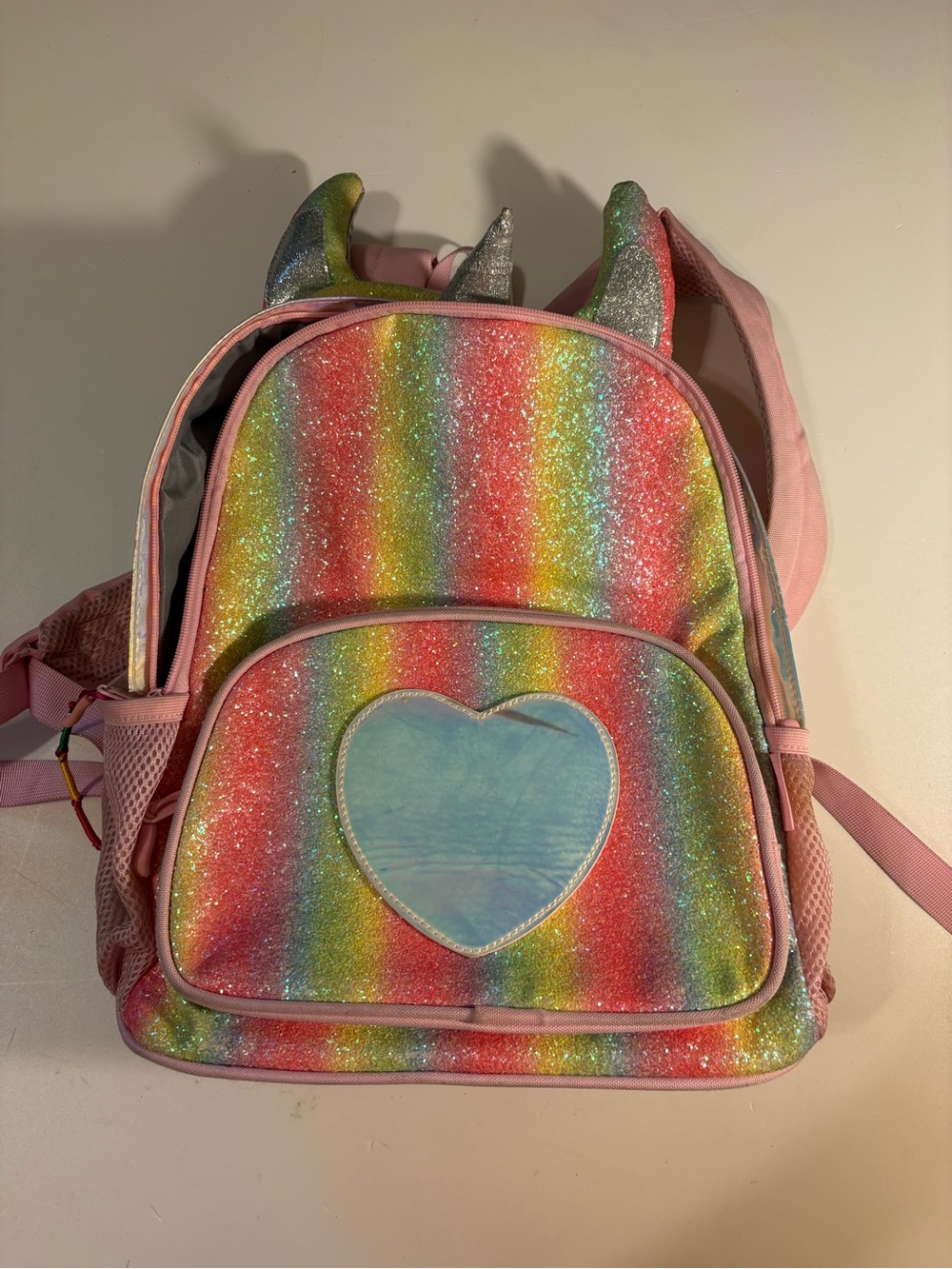 Girls Rainbow Glitter Unicorn Backpack with Heart Front Pocket - Pink